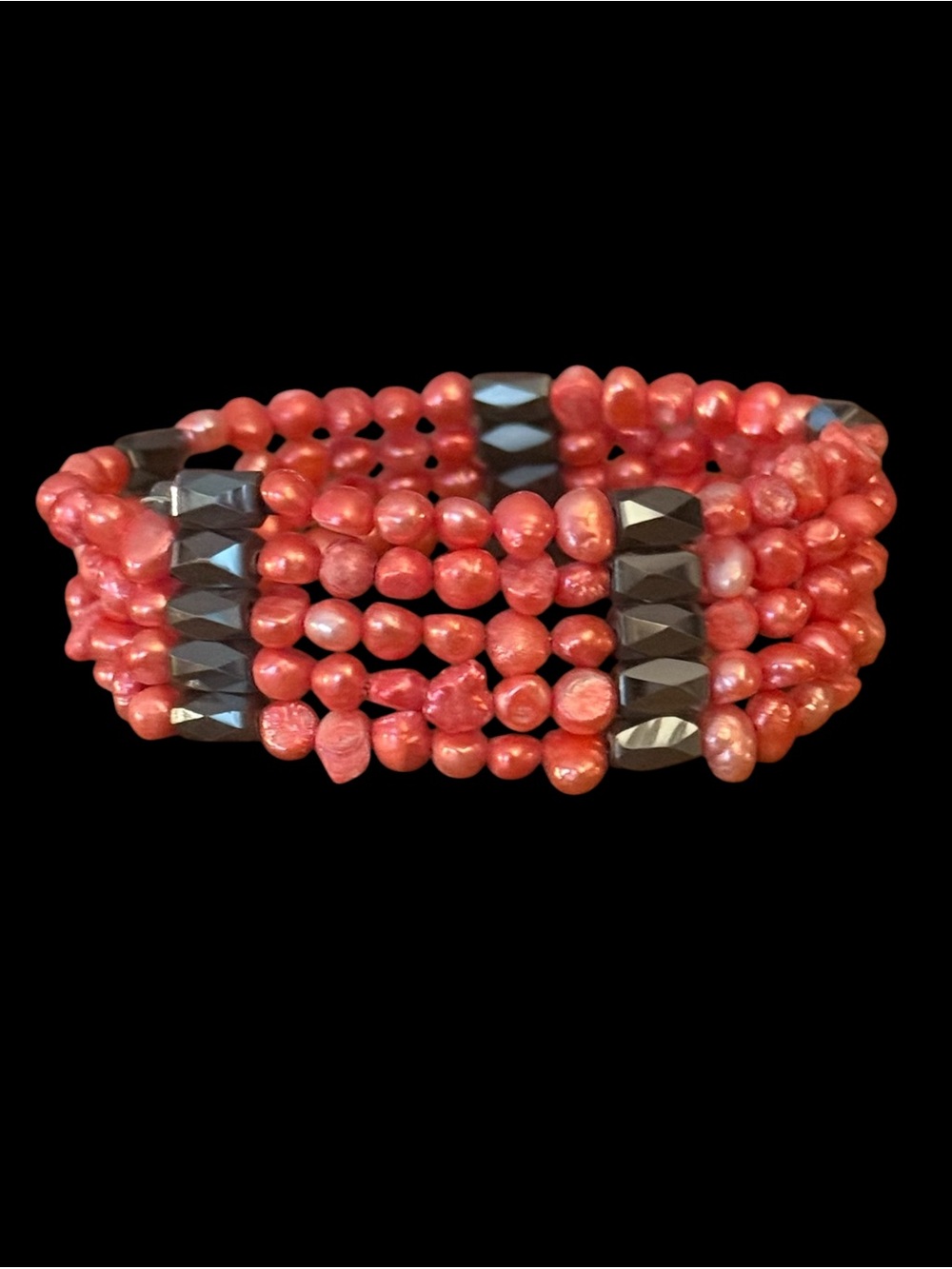 Genuine coral dyed freshwater pearl and hematite magnetic wrap bracelet
